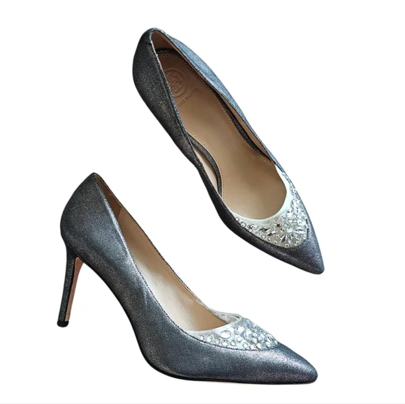 Tory Burch Delphine Pewter & Jewel Embellished Crystal Pump Heels Size 10 - Picture 3 of 11